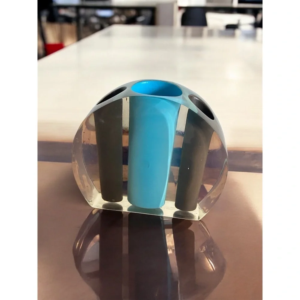 Vintage 70s Acrylic Lucite Retro Space Age Pen Holder Blue Brown Abstract Round
